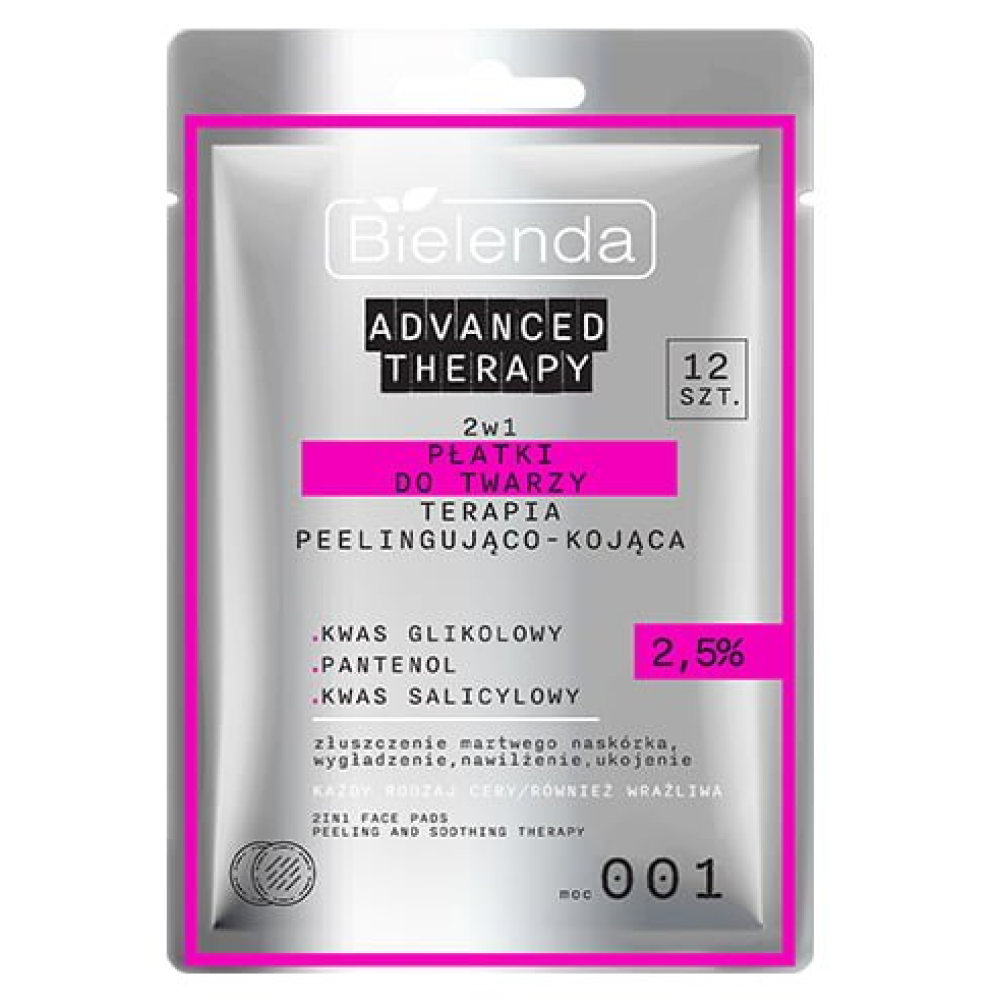 Bielenda Advanced Therapy 2in1 Peeling & Soothing Therapy Facial Pads - Diski sejai 2 vienā - pīlings un nomierinoša terapija, 12gab.