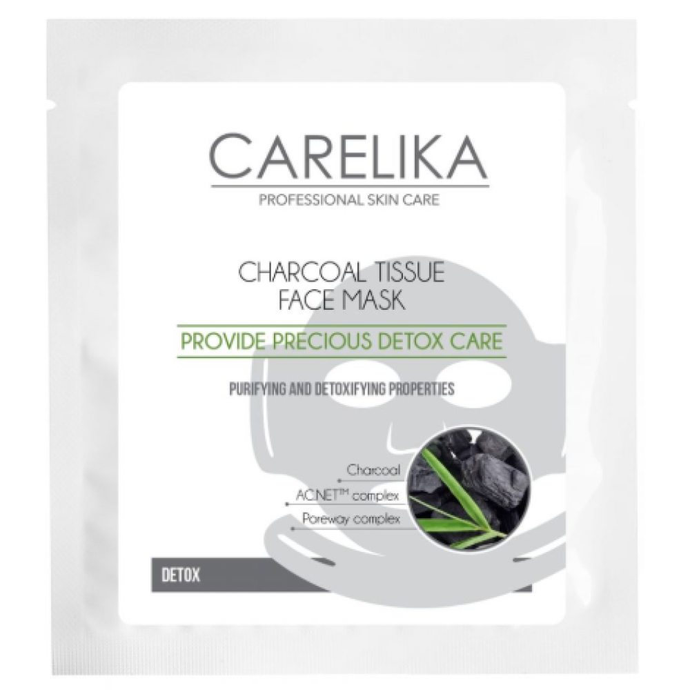 CARELIKA Charcoal Tissue Face Mask Detox - Attīroša un detoksificējoša auduma sejas maska ar melno ogli, 23ml