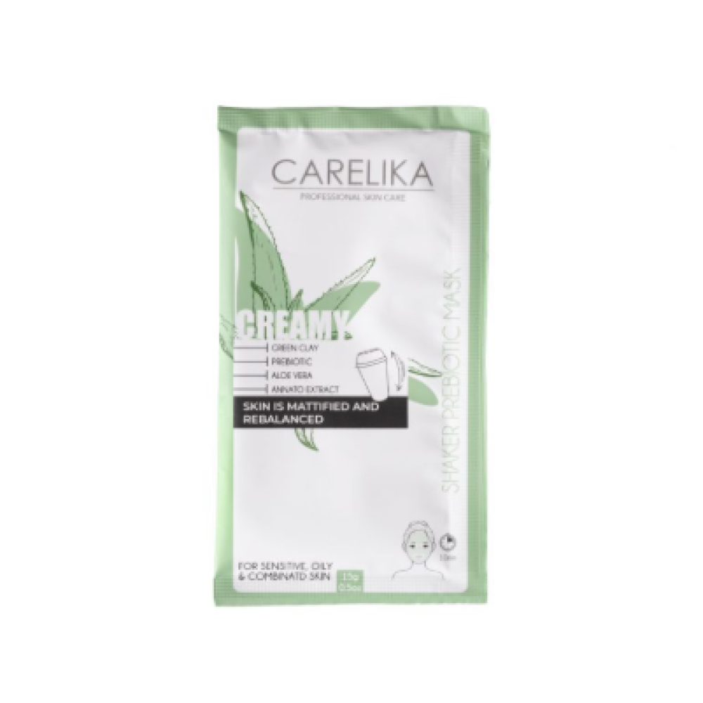CARELIKA Shaker Prebiotic Creamy Mask Green Clay - Matējoša krēmmaska ar prebiotikām un zaļo mālu, 15gr. CARELIKA Shaker Prebiotic Creamy Mask Green Clay - Matējoša krēmmaska ar prebiotikām un zaļo mālu, 15gr.