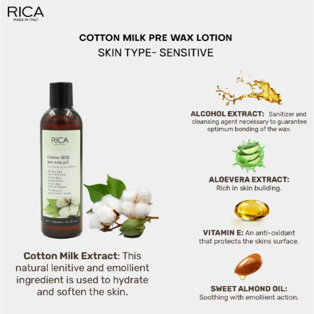 RICA Cotton Milk Pre-wax gel - Gēls ar kokvilnas ekstraktu pirms vaksācijas, 250ml