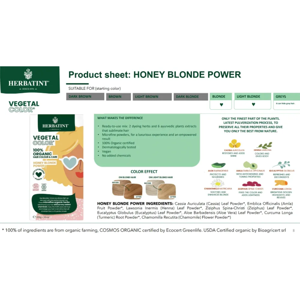 HERBATINT Vegetal Color - Органическая краска для волос (Honey blond power/Медовый блонд)