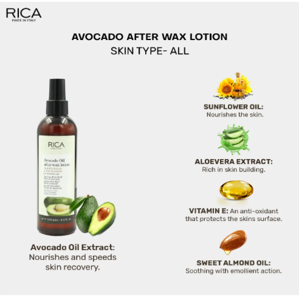 RICA Avocado Oil After wax lotion - Avokado losjons pēc vaksācijas RICA, 250ml RICA Avocado Oil After wax lotion - Avokado losjons pēc vaksācijas RICA, 250ml